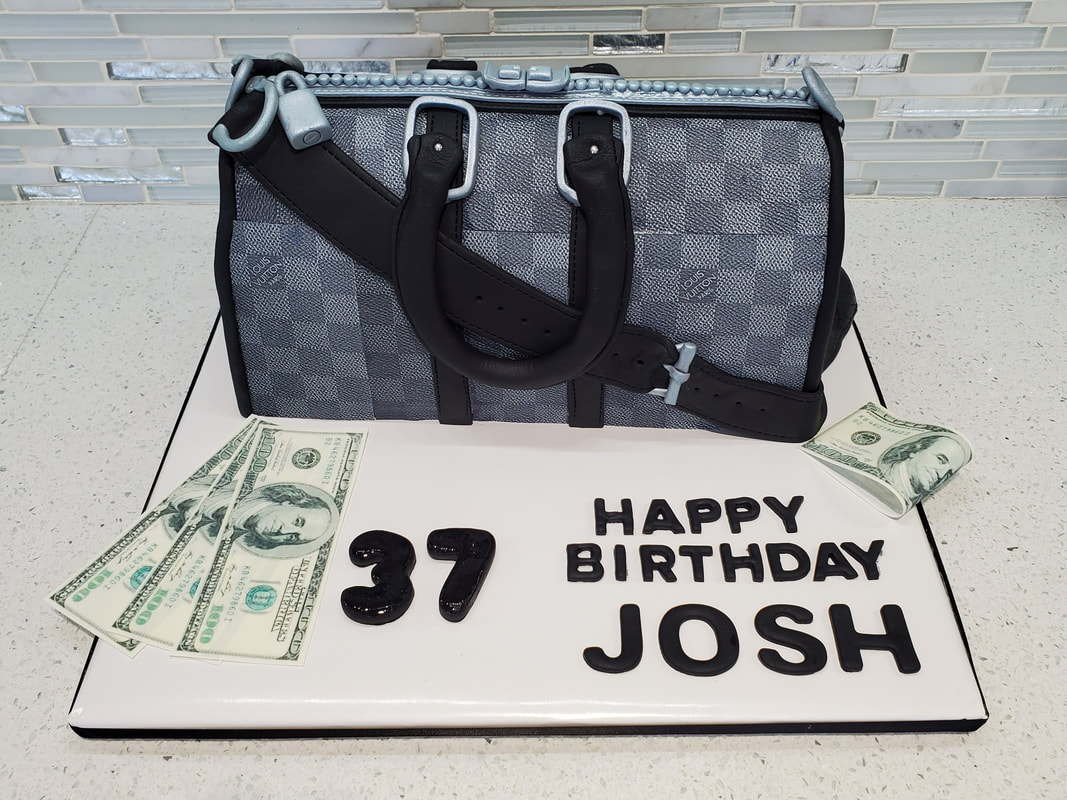 Louis Vuitton bookbag cake with money
